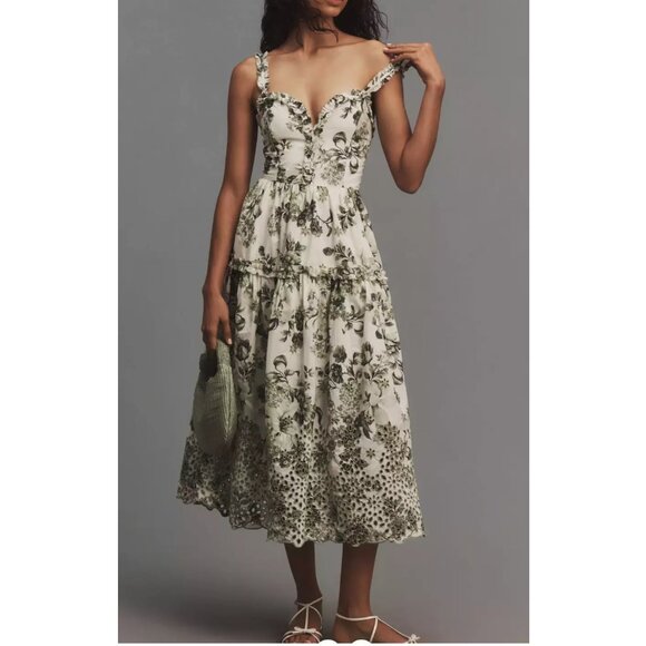 By Anthropologie Sleeveless Sweetheart A-Line Midi Dress Green Motif XL - Picture 2 of 15